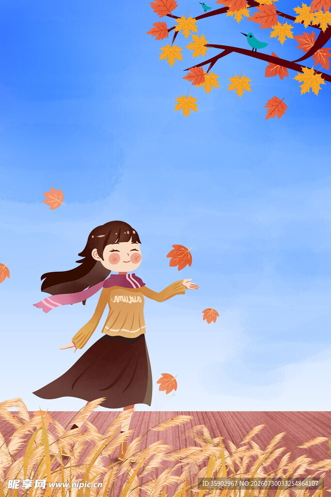 秋日少女漫步金黄田野