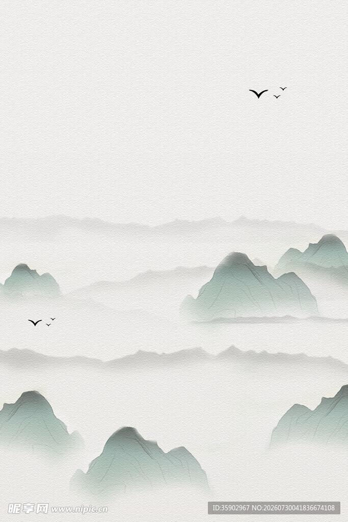 水墨山峦间飞鸟景致
