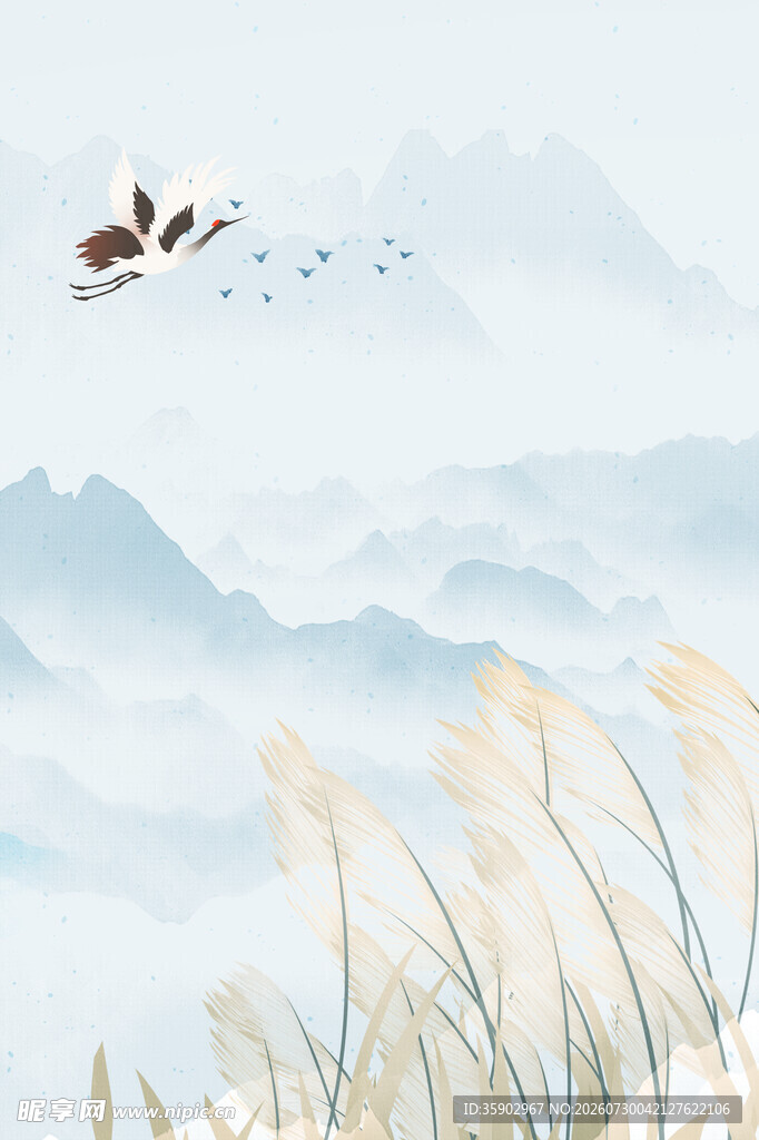 飞鸟翔于芦苇山川间