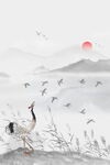 落日下的仙鹤与飞鸟图景
