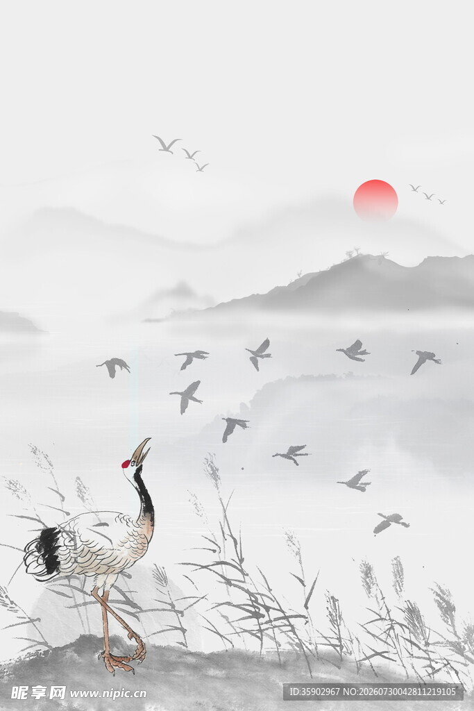 落日下的仙鹤与飞鸟图景