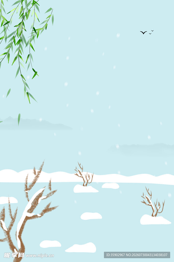 冬日雪景中的柳枝与飞鸟