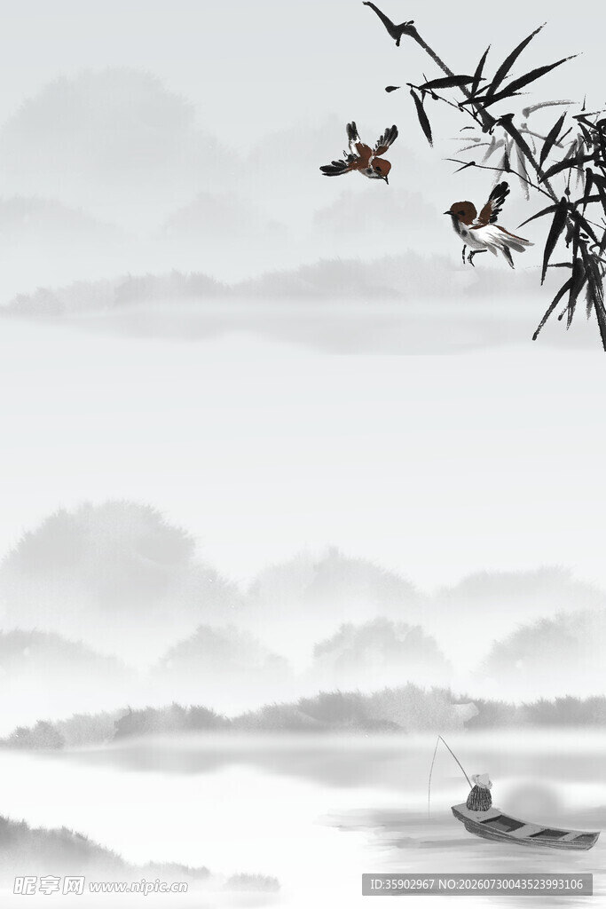 水墨山水间飞鸟扁舟景