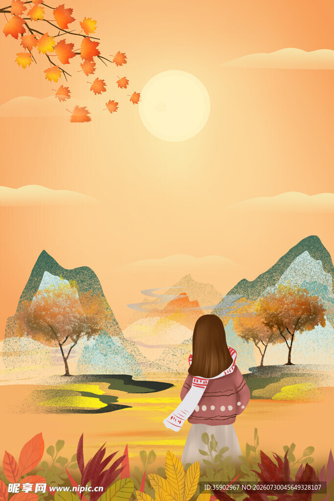 女孩赏秋景
