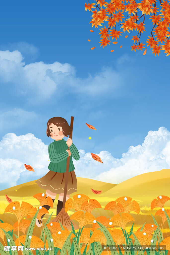 女孩在秋日花田快乐玩耍