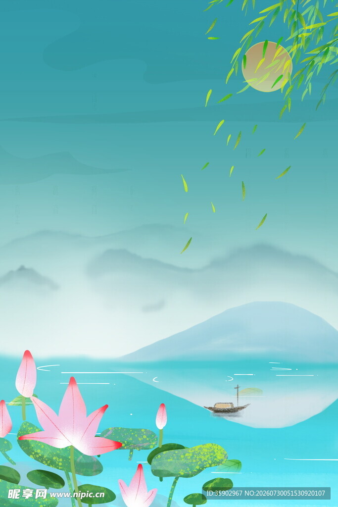 夏日荷塘山水诗意美景