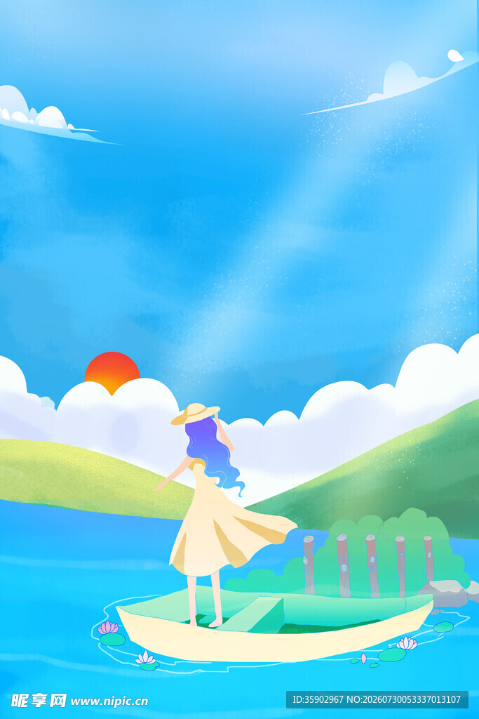女孩泛舟于山水间美景