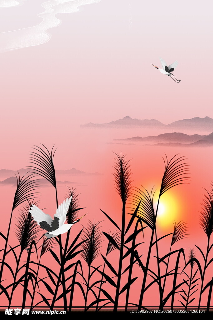 夕阳下芦苇与飞鸟美景