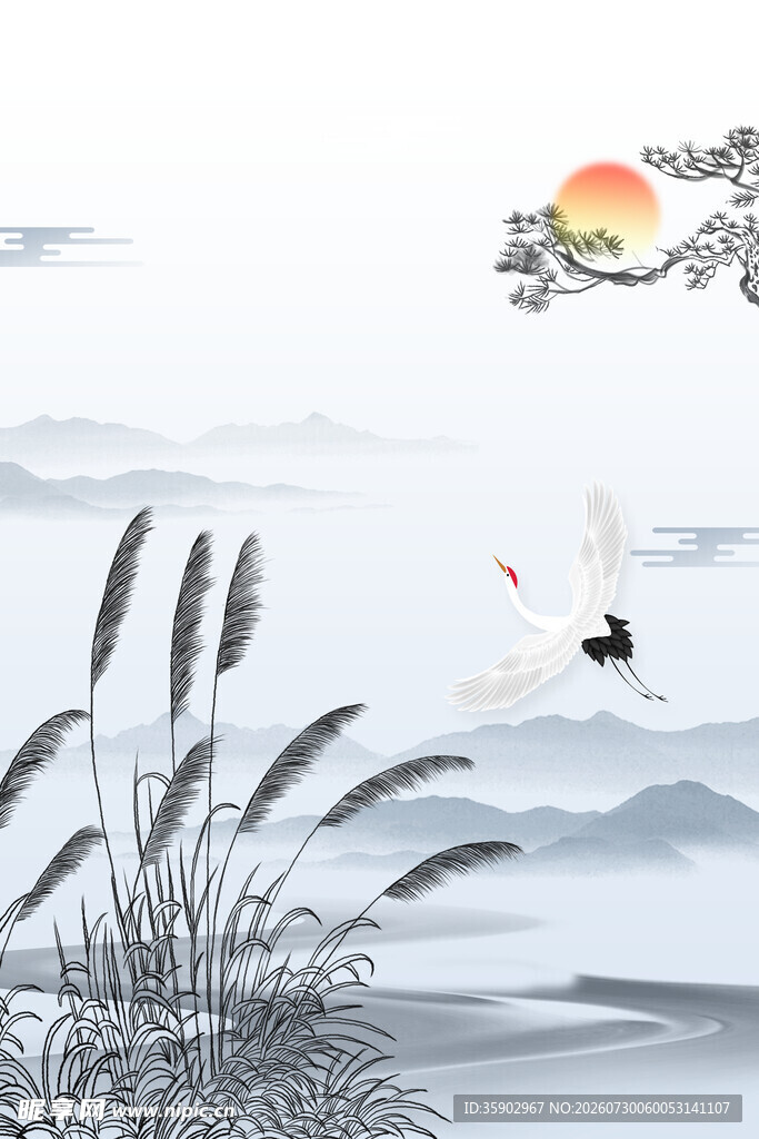 水墨山水间飞鸟与芦苇