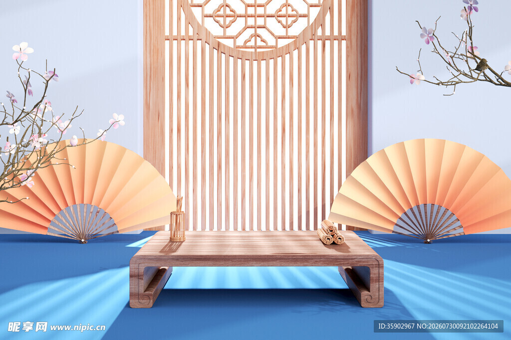 中式古风座椅与折扇场景