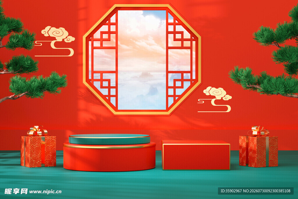 中式喜庆场景红窗与礼盒