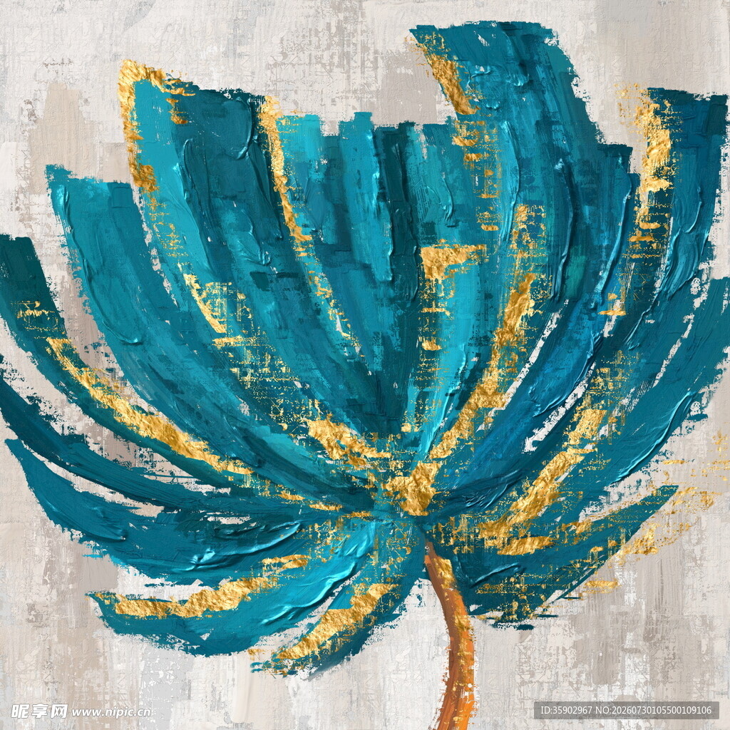 蓝黄相间的抽象植物画作