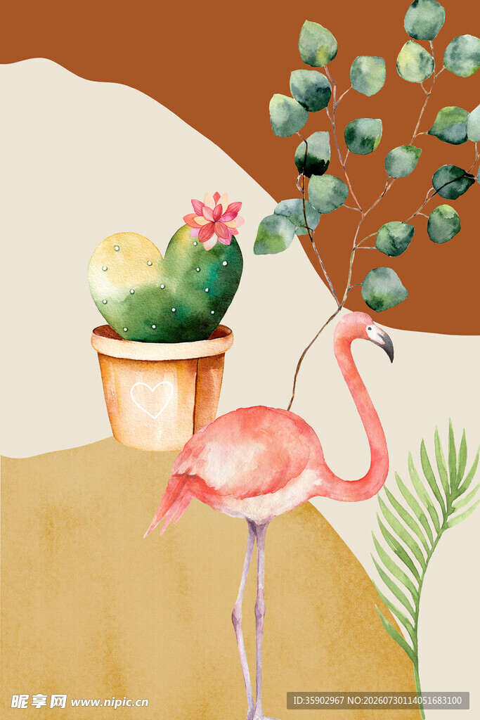 火烈鸟与绿植的清新插画