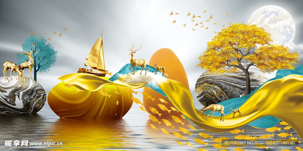 奇幻发财树湖泊风景画装饰画