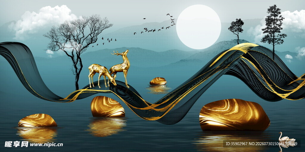 梦幻中式山水金鹿奇幻景