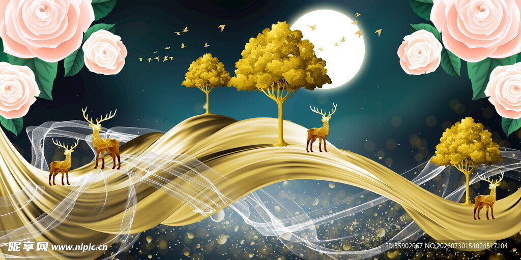 梦幻月夜下的鹿与奇幻风景