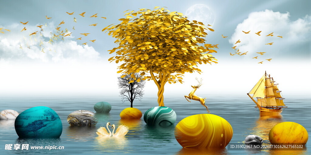 梦幻湖泊中的多彩麋鹿鹅卵石景观