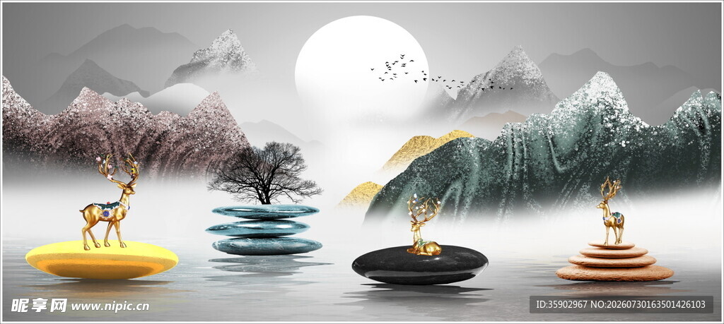 中式禅意月夜湖泊麋鹿风景画