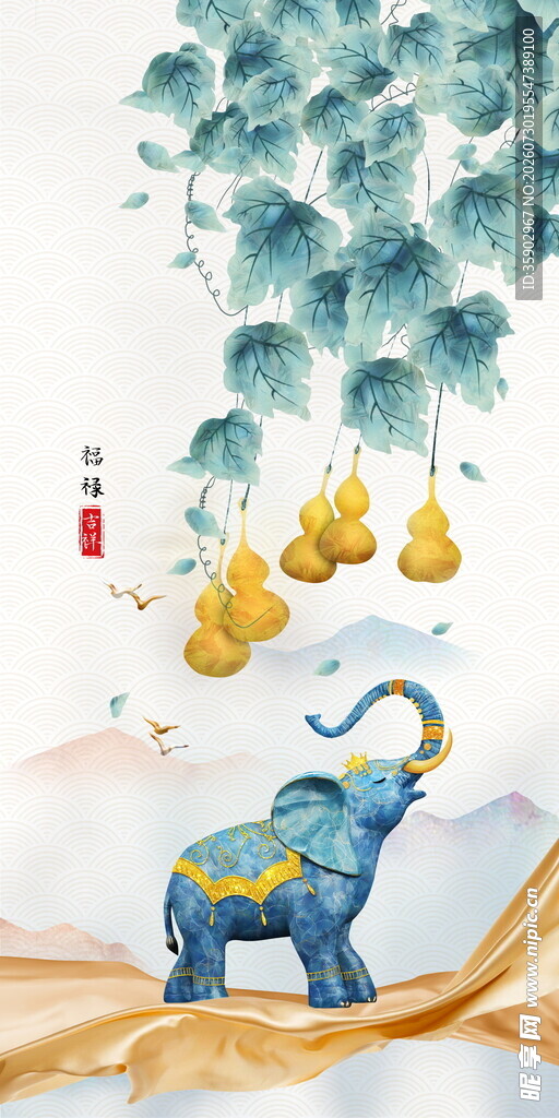 中式风大象与葫芦艺术插画