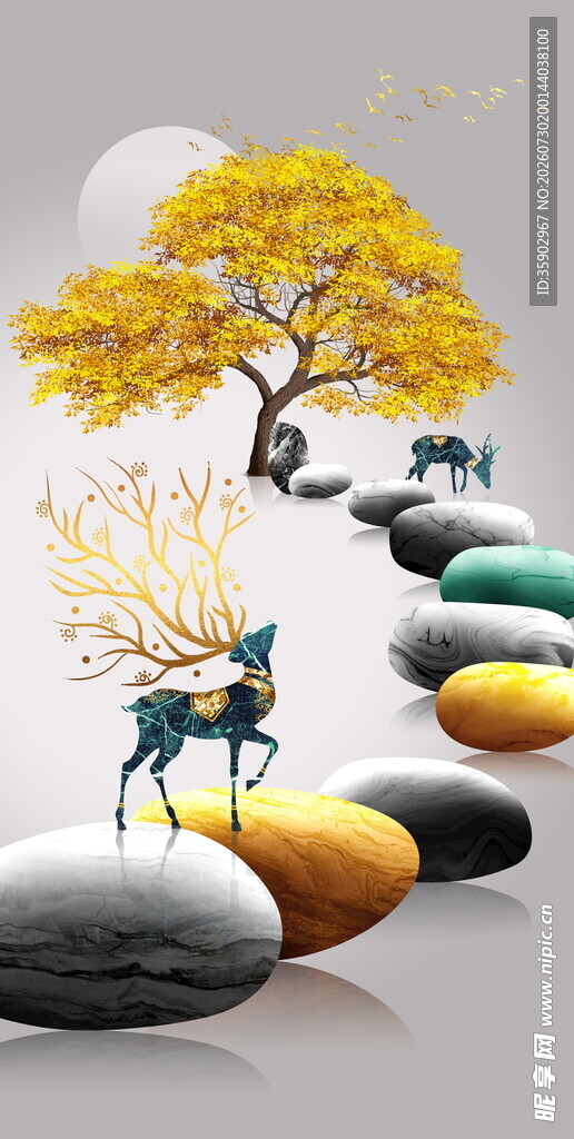 梦幻石径上的鹿与金树