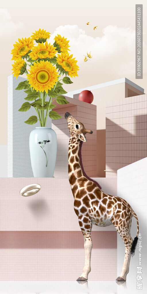 长颈鹿旁的向日葵花瓶摆件