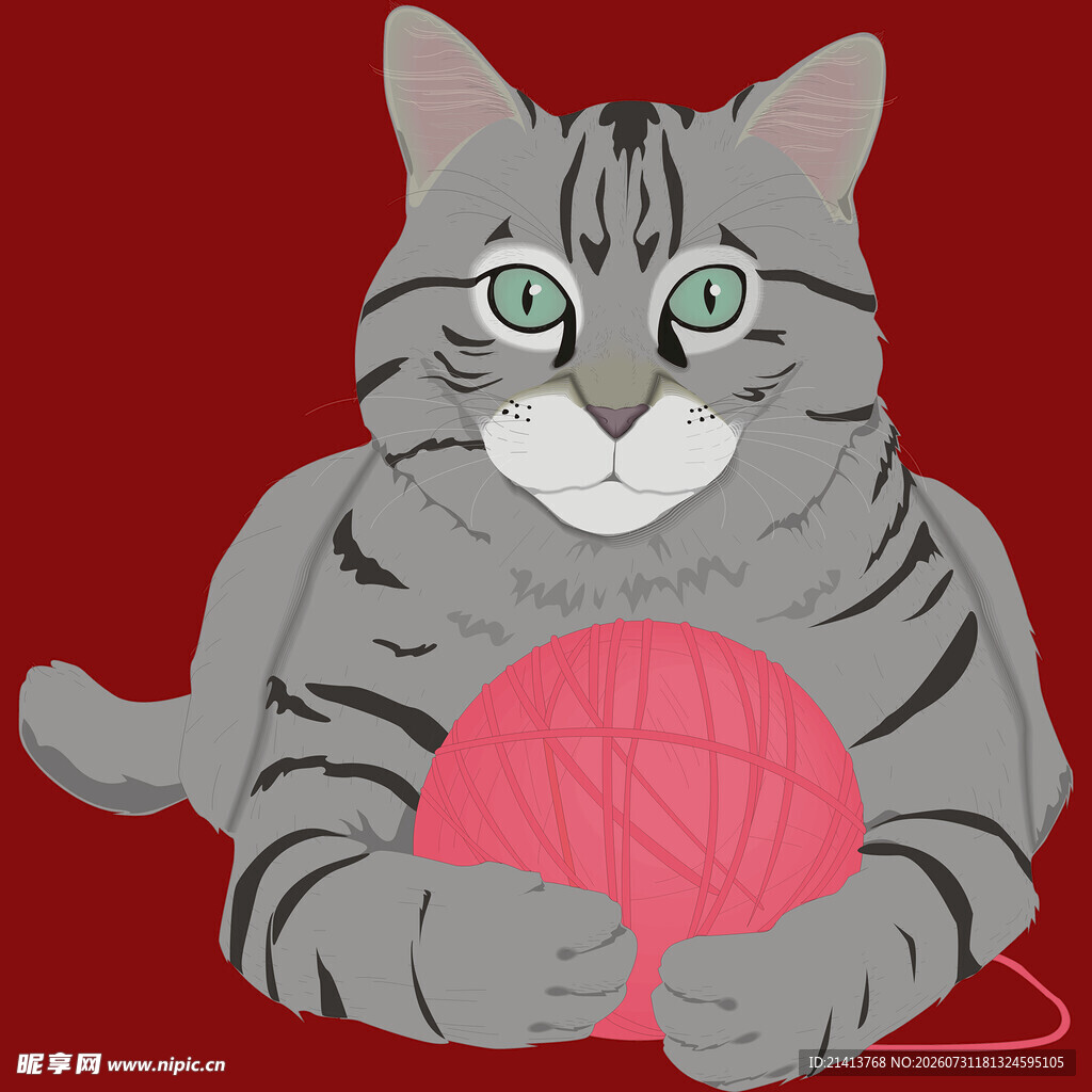 灰猫抱粉毛线球