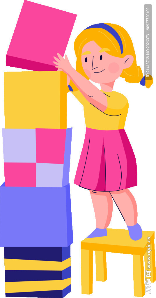 小女孩站在凳子上搭积木