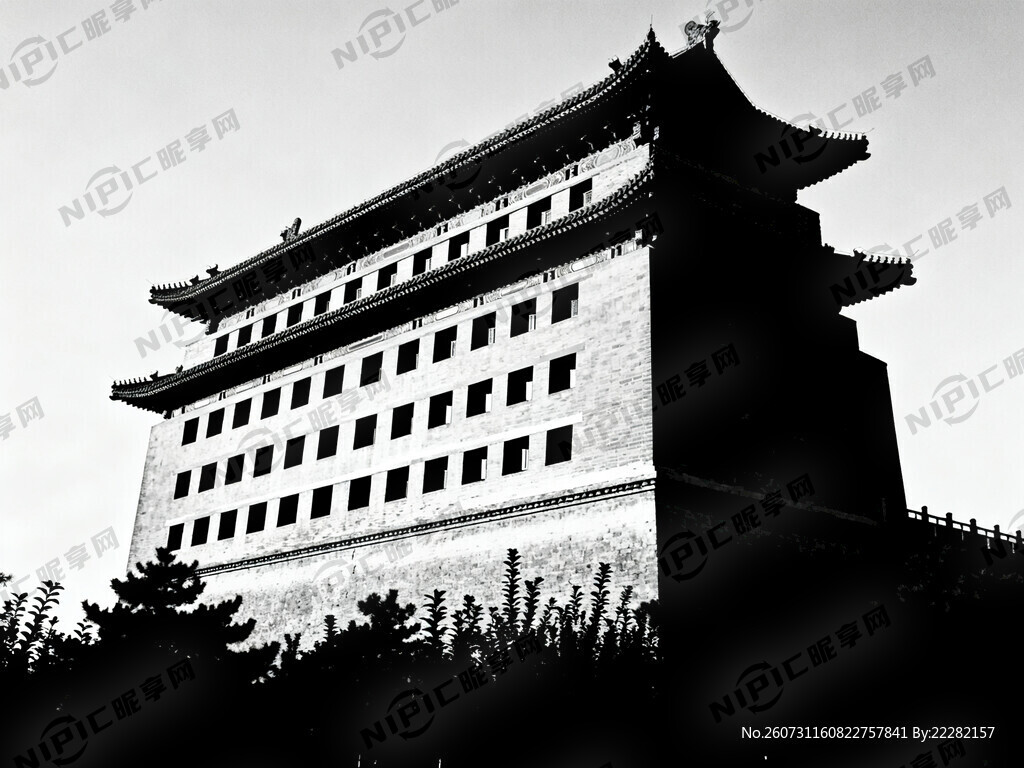 北京德胜门箭楼全景剪影图