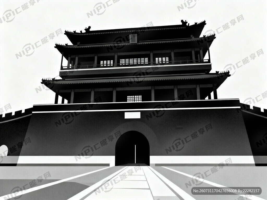德胜门箭楼全景剪影图 