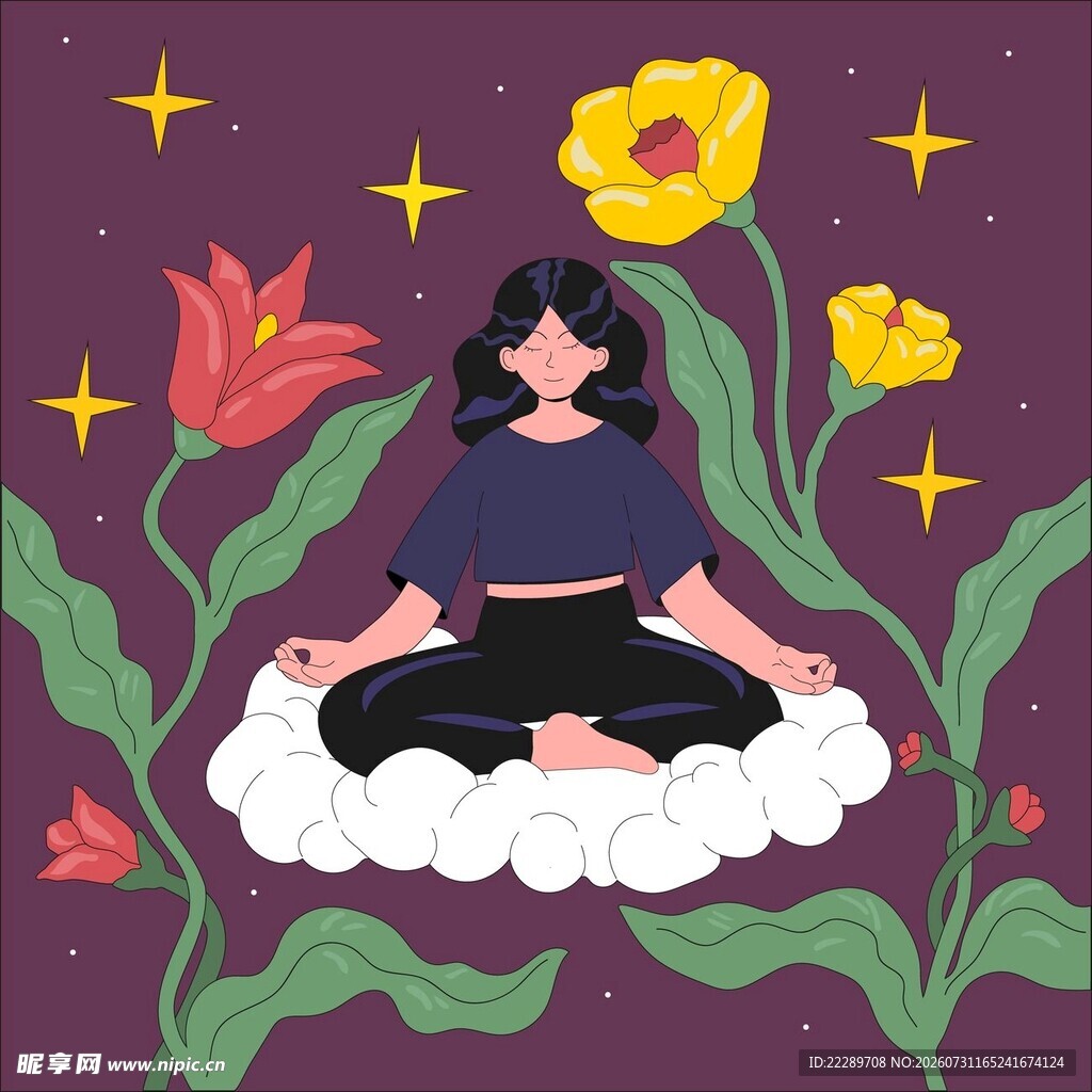 冥想的女子与梦幻花卉
