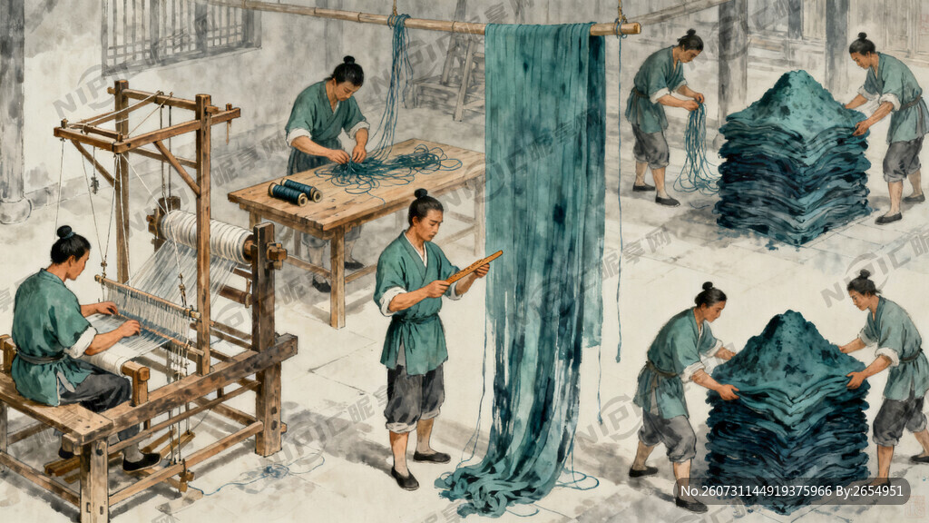 古代织造局纺织的画面