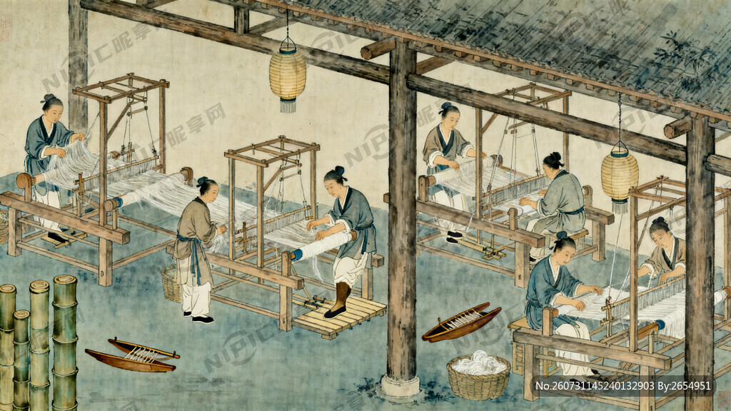古代织造局纺织的画面 参考 