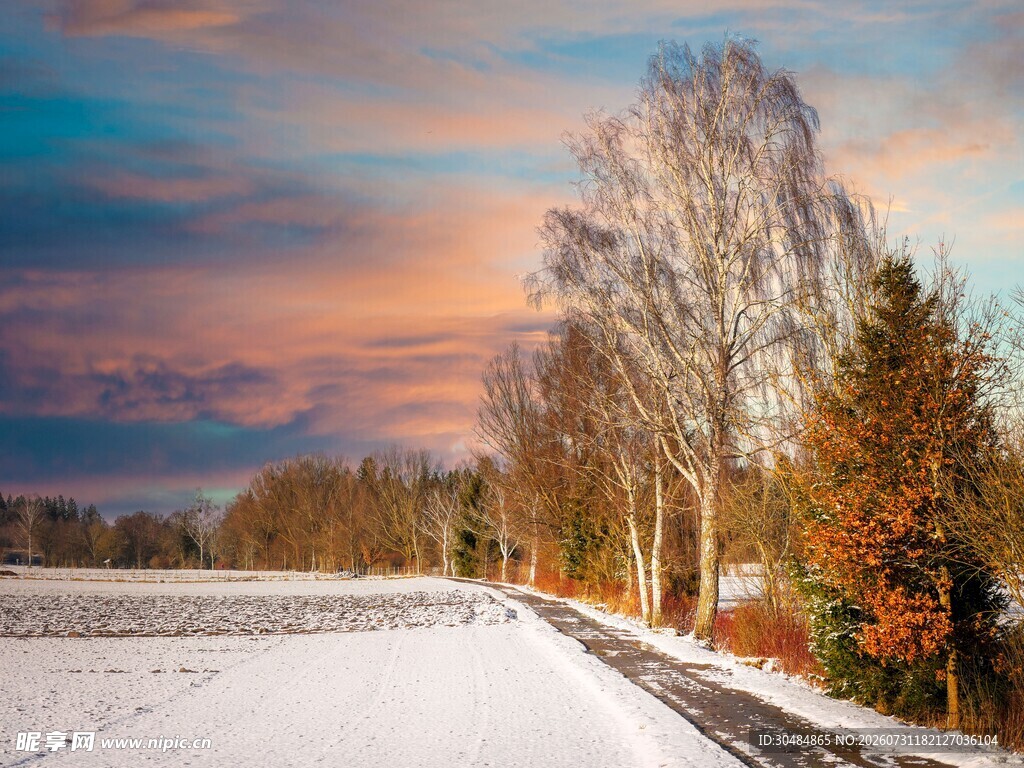 冬日雪路旁的绚烂霞光