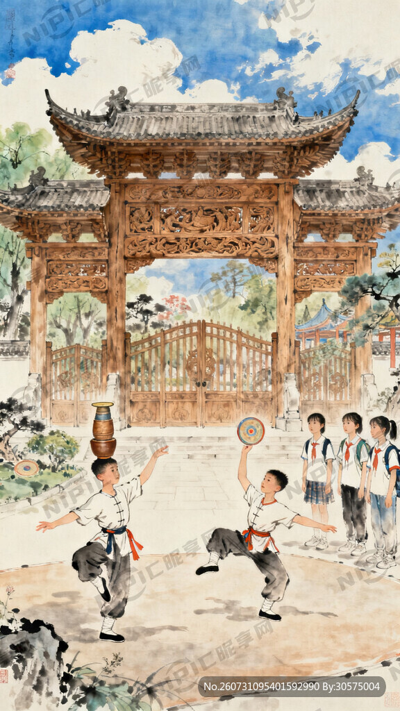 水墨淡彩国风国画 鲁北园林风貌