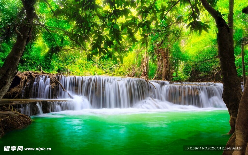 森林瀑布碧绿水面美景