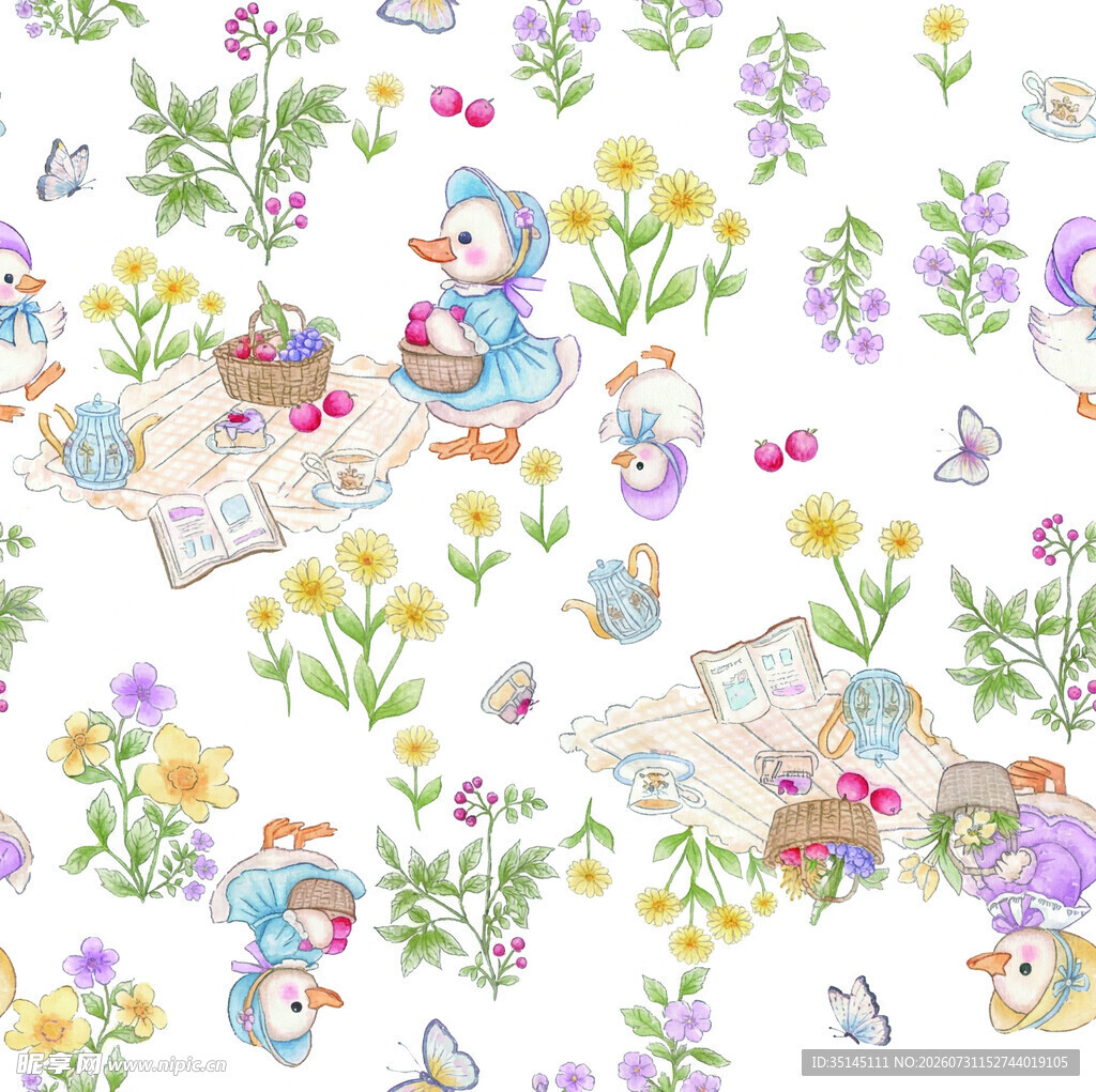 可爱花卉动物插画图案
