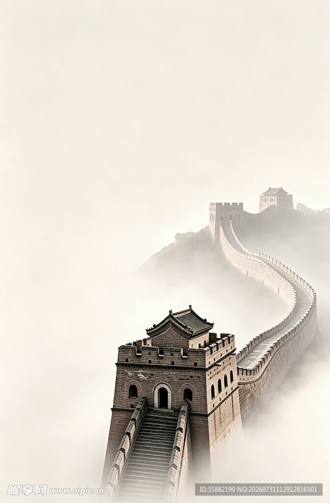雾中雄伟长城景观