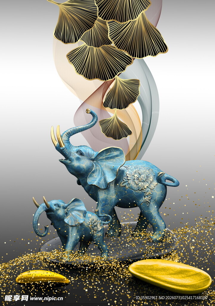 奇幻蓝象与金叶艺术场景