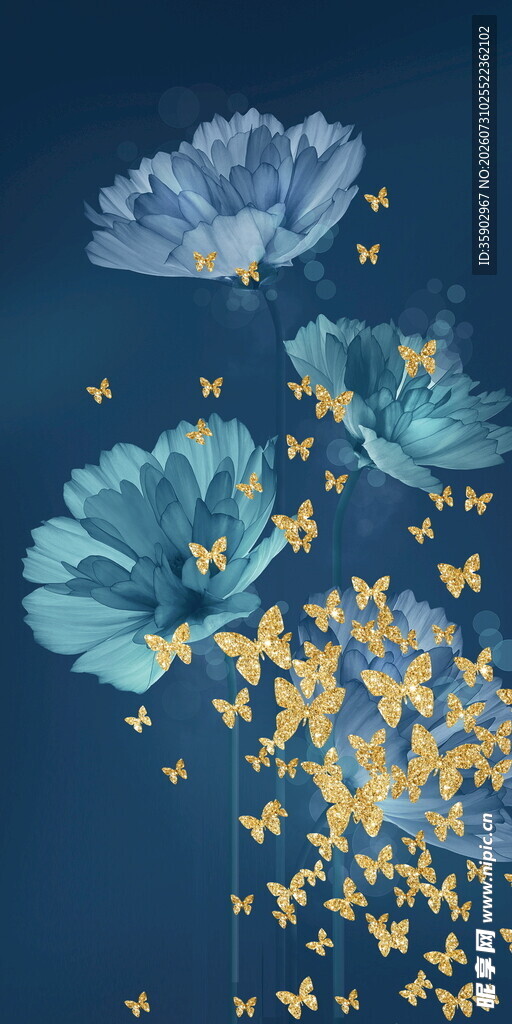 蓝花金蝶梦幻装饰图案