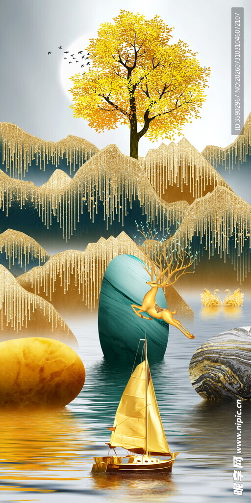 秋日湖畔孤舟与黄叶树