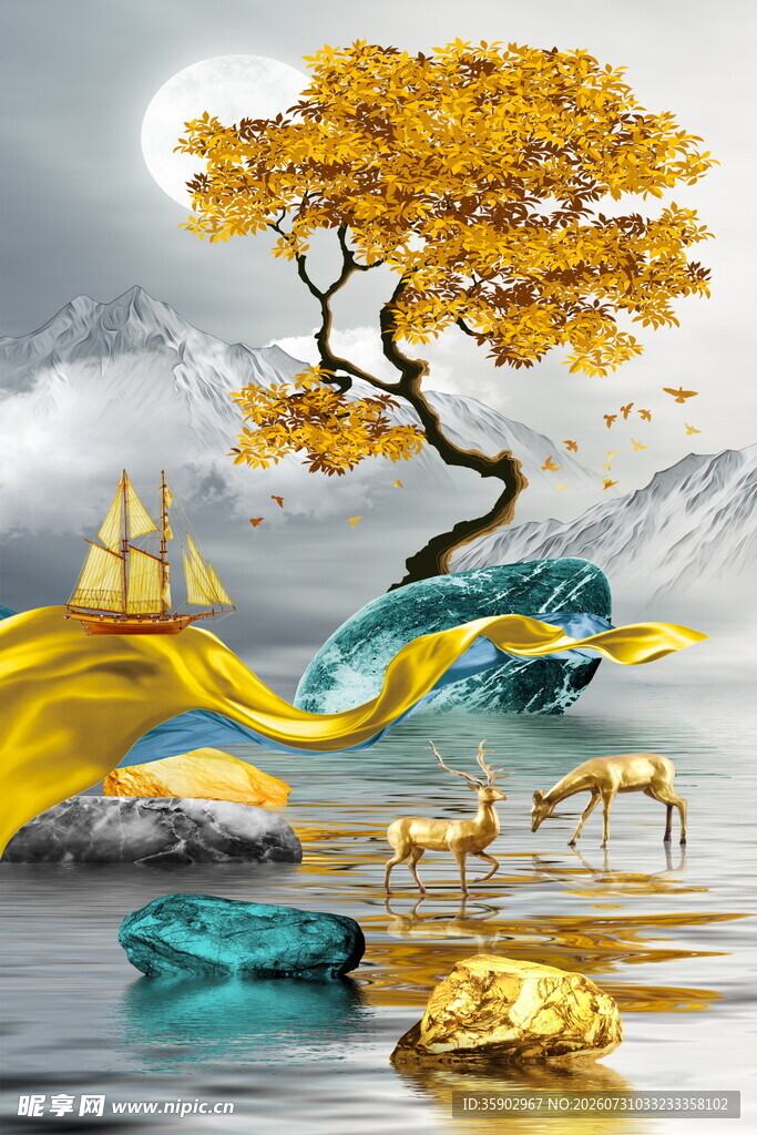 梦幻山水间的金色奇树