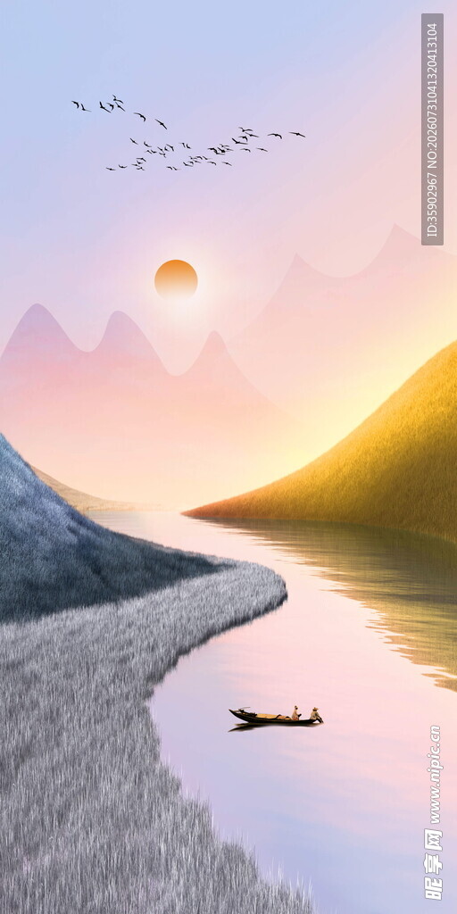 夕阳下的河畔孤舟美景