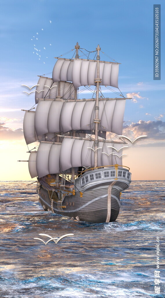 海上帆船在夕阳下航行