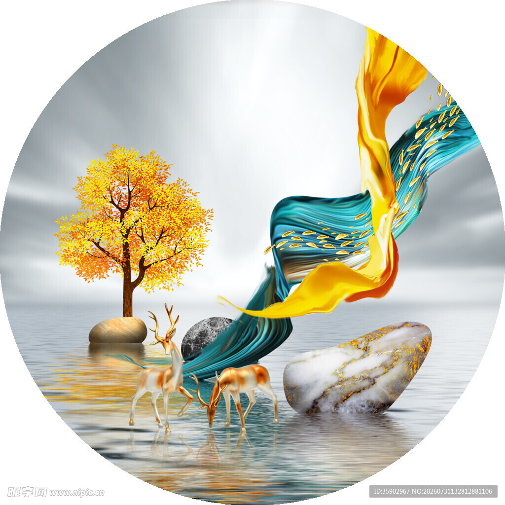梦幻自然景观湖泊麋鹿