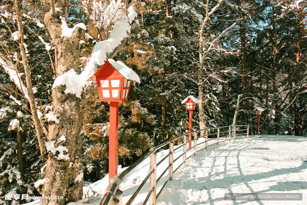 雪中日式林间灯笼小径