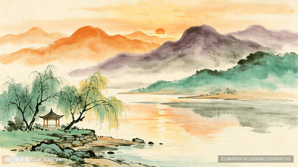 水墨山水湖畔美景