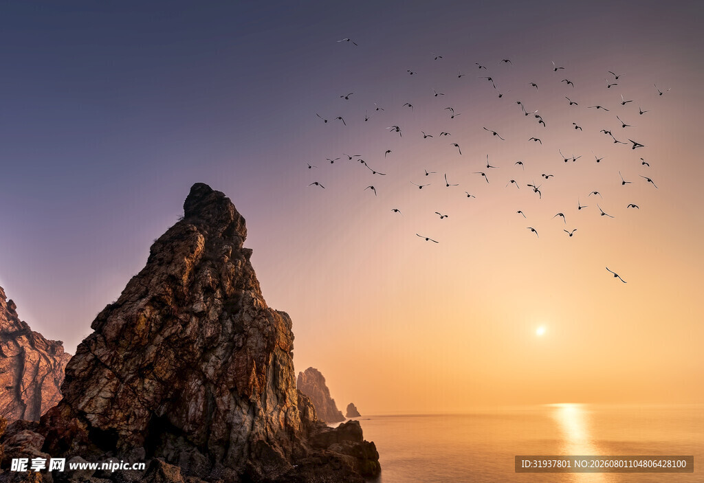 夕阳下飞鸟绕奇峰
