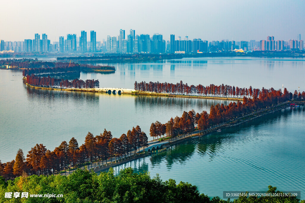 湖畔城市风光秋景如画