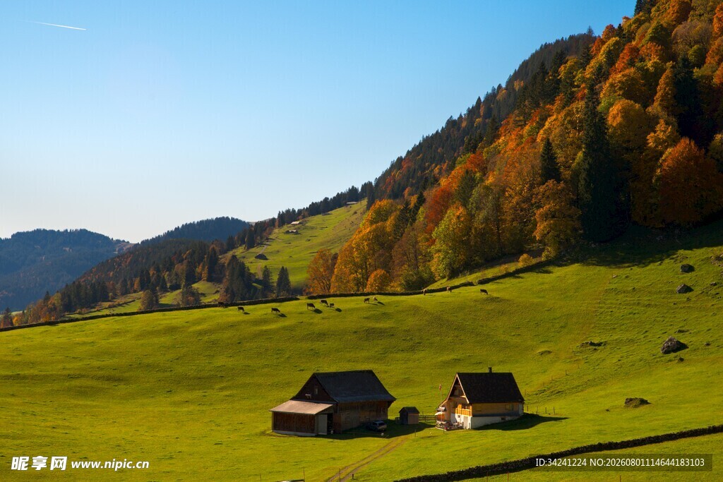 秋日山间牧场小屋美景