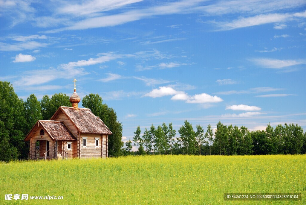 田园小屋绿意盎然的风景